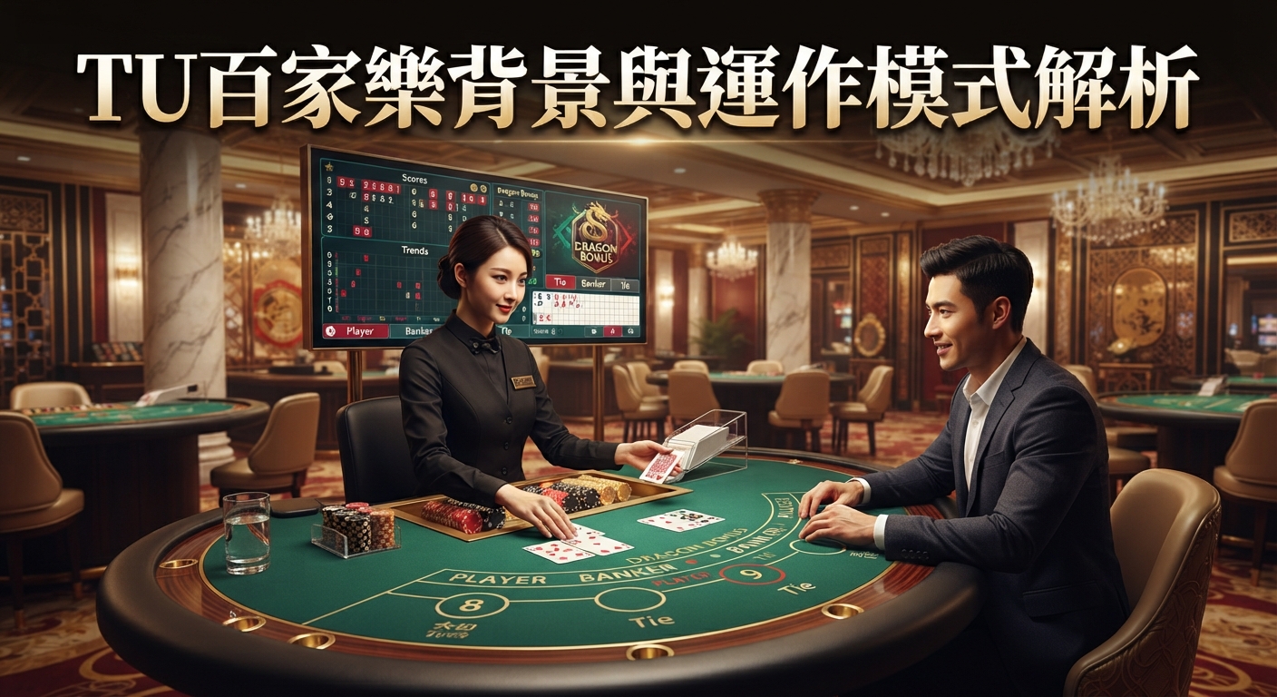 這是一張以百家樂賭桌為主題的精美圖像，上方醒目地顯示著「TU百家樂背景與運作模式解析」的標題。 畫面中展示了豪華的賭場環境，荷官與玩家正專注於遊戲，並搭配了大螢幕的走勢圖分析。