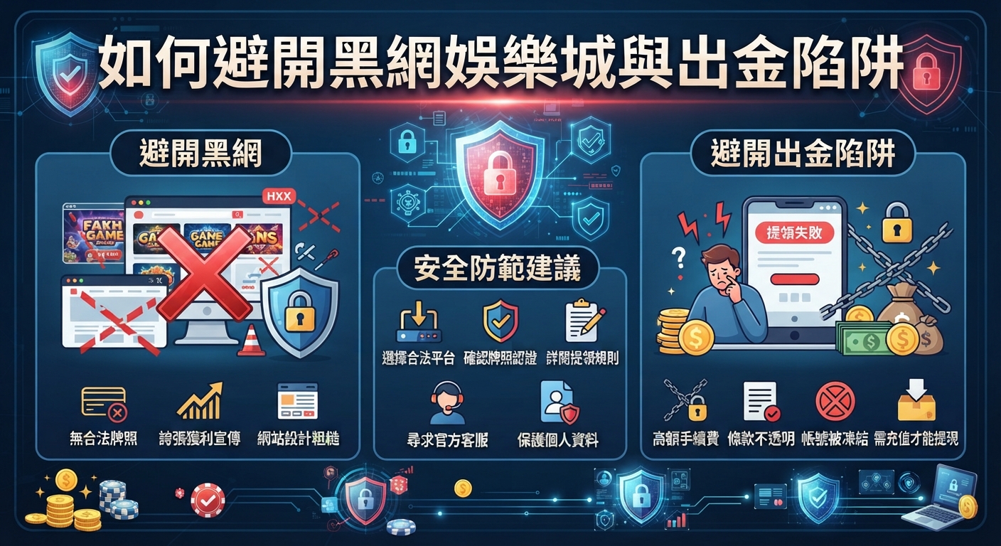 圖片上方醒目地顯示著「如何避開黑網娛樂城與出金陷阱」的主標題，整體設計結合了防詐騙的盾牌、鎖頭以及辨識黑網與出金問題的圖示。 畫面透過藍色科技風格的背景呈現安全防範與避開娛樂城陷阱的實用建議。