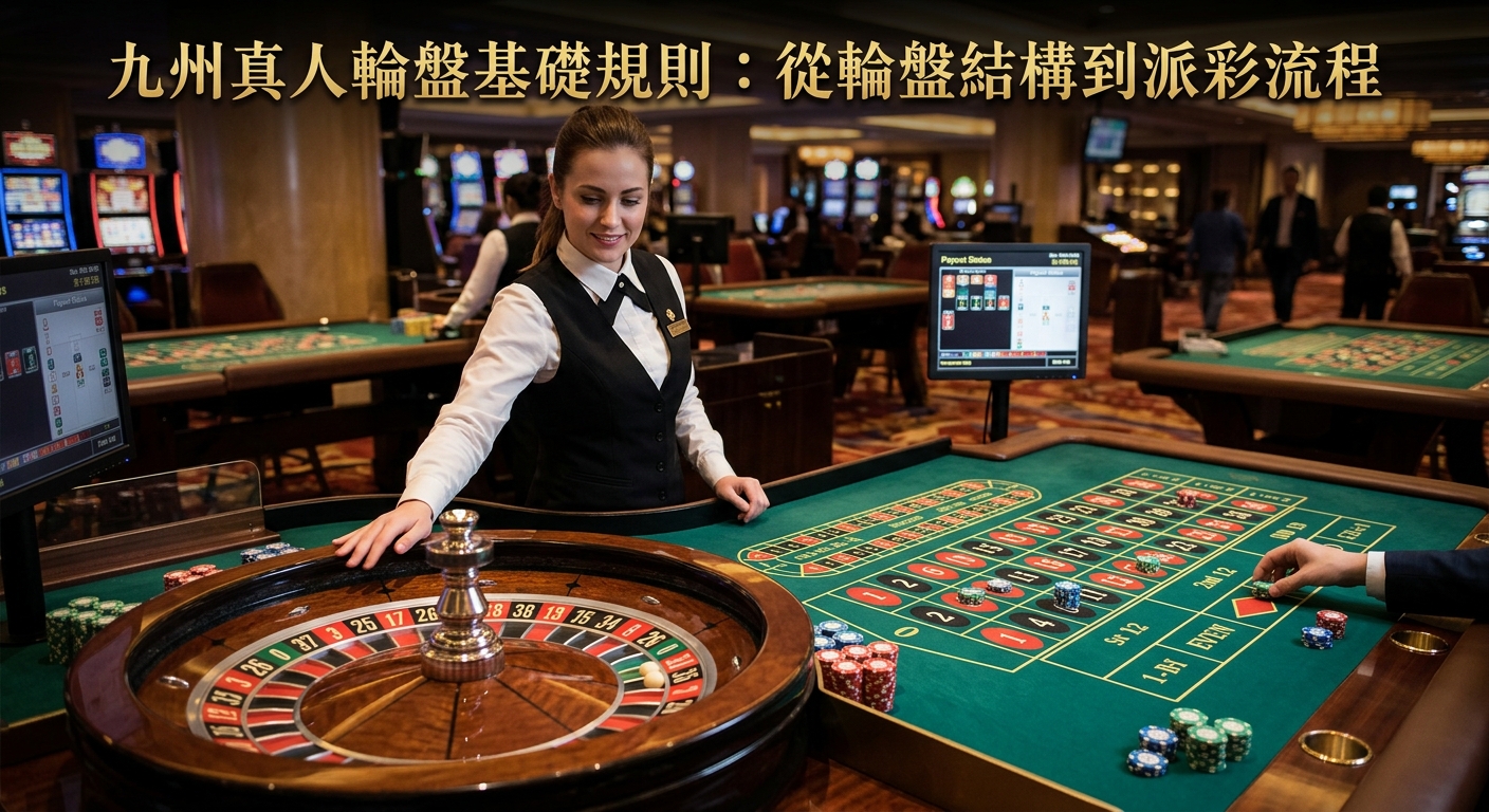 這張圖片展示了一個奢華的真人賭場環境,一名女荷官站在綠色毯面的輪盤桌旁主持遊戲。 畫面上方標有金色繁體中文標題「九州真人輪盤基礎規則:從輪盤結構到派彩流程」。