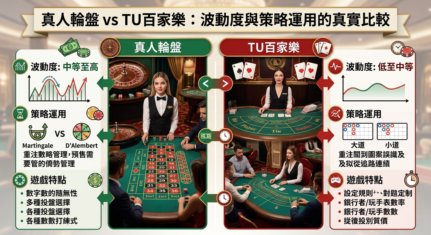 這張圖是以豪華賭場為背景的對比圖表,左側展示真人輪盤與高波動度數據,右側則呈現TU百家樂與穩定的策略分析。 頂部標題為「真人輪盤 vs TU百家樂:波動度與策略運用的真實比較」,整體採用經典的紅綠配色與數據圖表呈現專業氛圍。