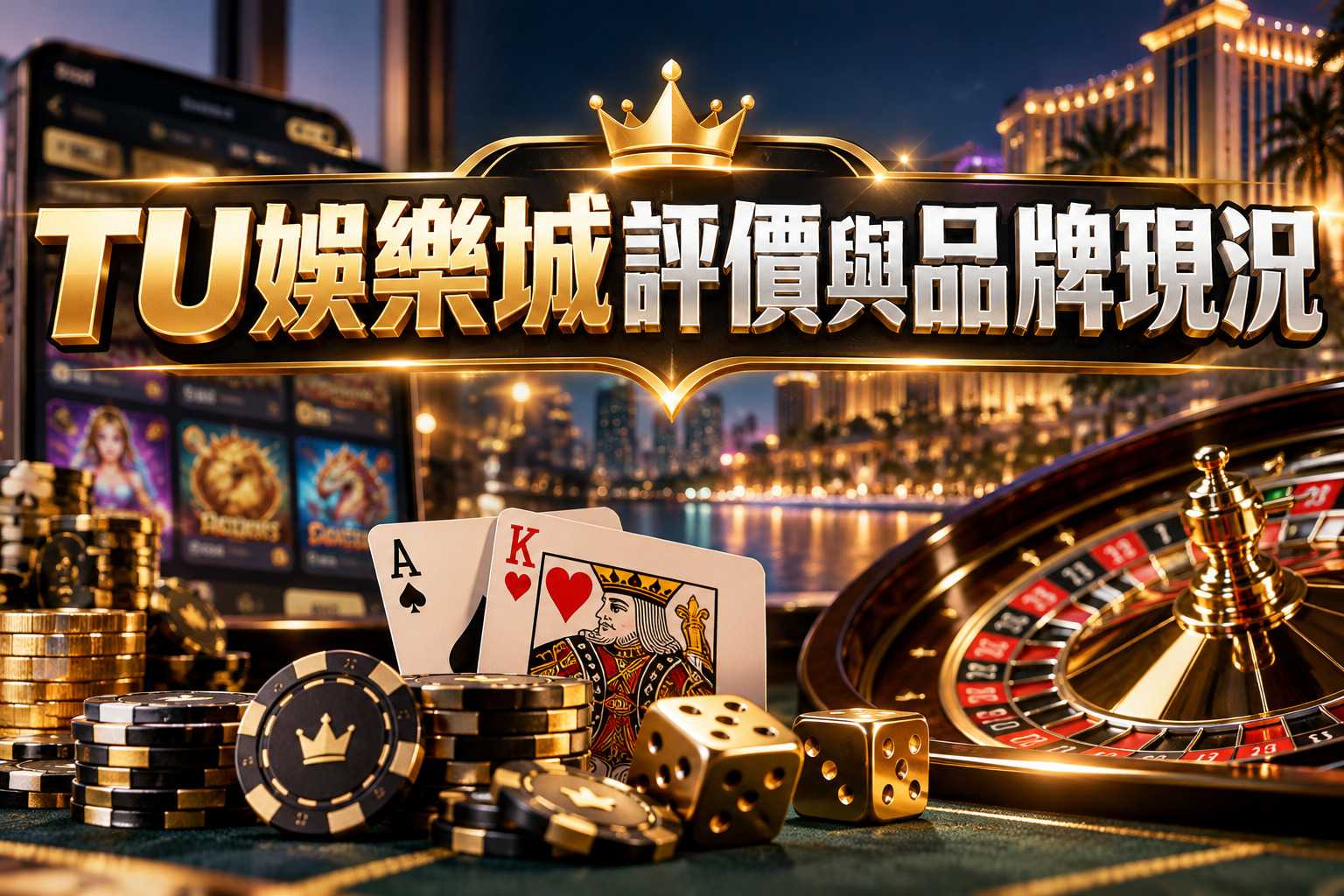 圖片以黑金色系搭配奢華娛樂城場景，呈現 TU娛樂城的品牌形象與整體氛圍。 透過輪盤、撲克牌、籌碼與金色骰子等元素，突顯平台評價、品牌現況與娛樂特色。