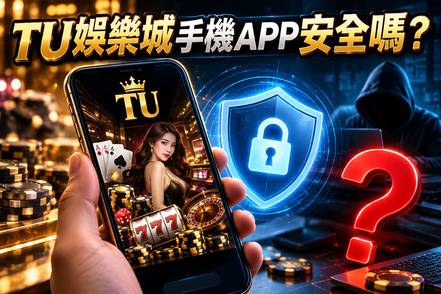 圖片以 TU 娛樂城手機 APP 為主題，結合賭場遊戲畫面、籌碼與金色光影，呈現線上娛樂平台的使用情境。 透過藍色安全盾牌、駭客身影與紅色問號，突顯 APP 下載安全、個資保護及潛在資安風險等重要議題。